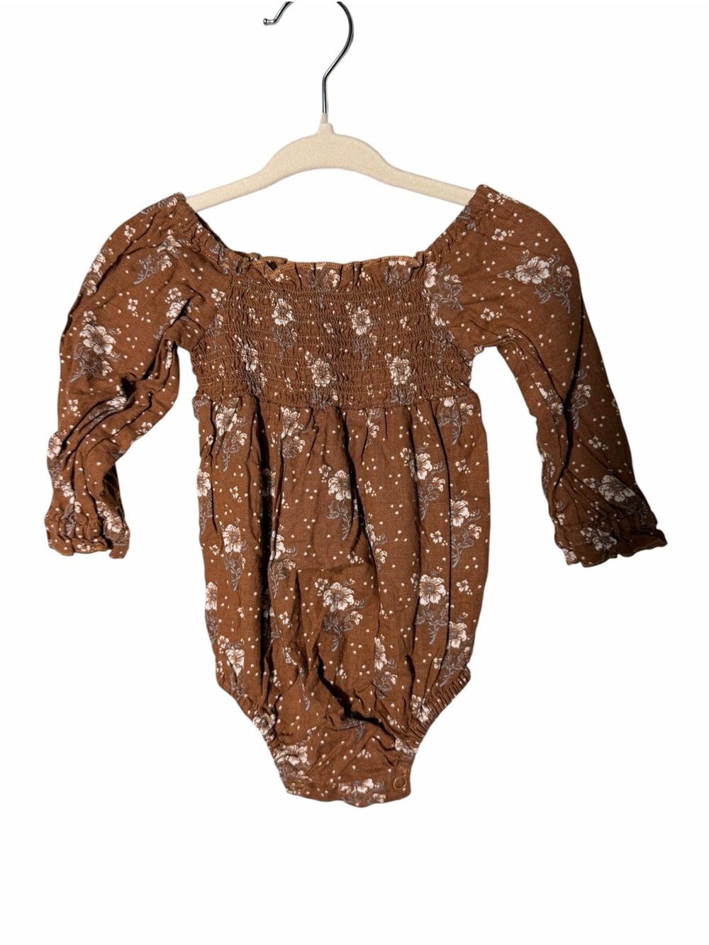 Rylee + Cru Brown Floral Long-Sleeve Smocked One-Piece